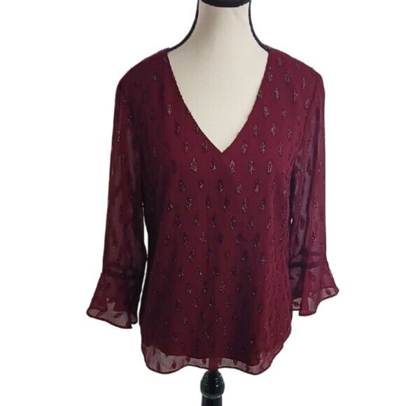 White House Black Market Blouse Red V Neck Geometric Metallic Bell Sleeve 6 - Picture 1 of 9